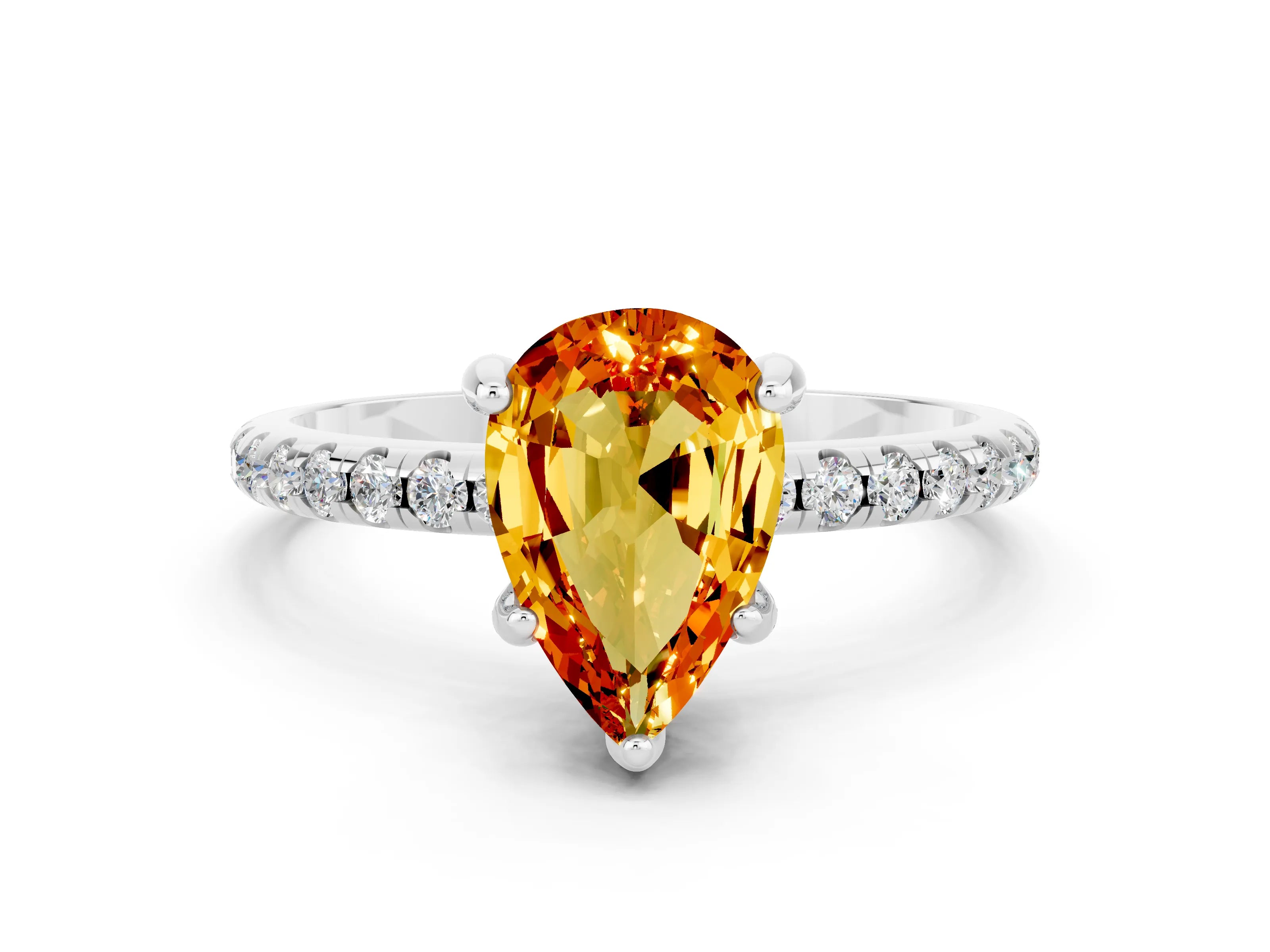 White gold Pear Cut Diamond Solitaire Ring with Four-Prong Setting and Pavé Band