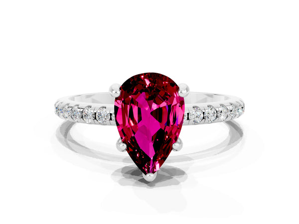White gold Pear Cut Garnet Hidden Halo Engagement Ring with Round Pavé Band and Prong Setting