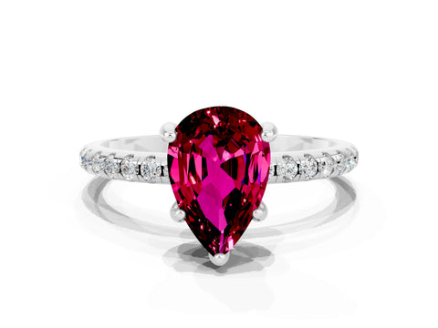 White gold Pear Cut Diamond Solitaire Ring with Four-Prong Setting and Pavé Band