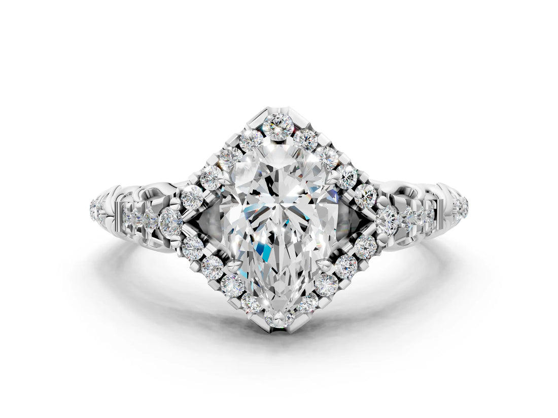 White gold Pear Cut Diamond Solitaire Ring with Hidden Halo and Pavé Band_33