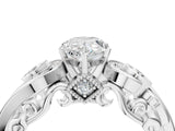 White gold Pear Cut Diamond Solitaire Ring with Milgrain Pavé Band and Four-Prong Setting_211