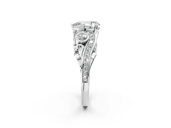 Sterling Silver Pear-Shaped Vintage Swirl Engagement Ring Setting with Bezel Side Accents