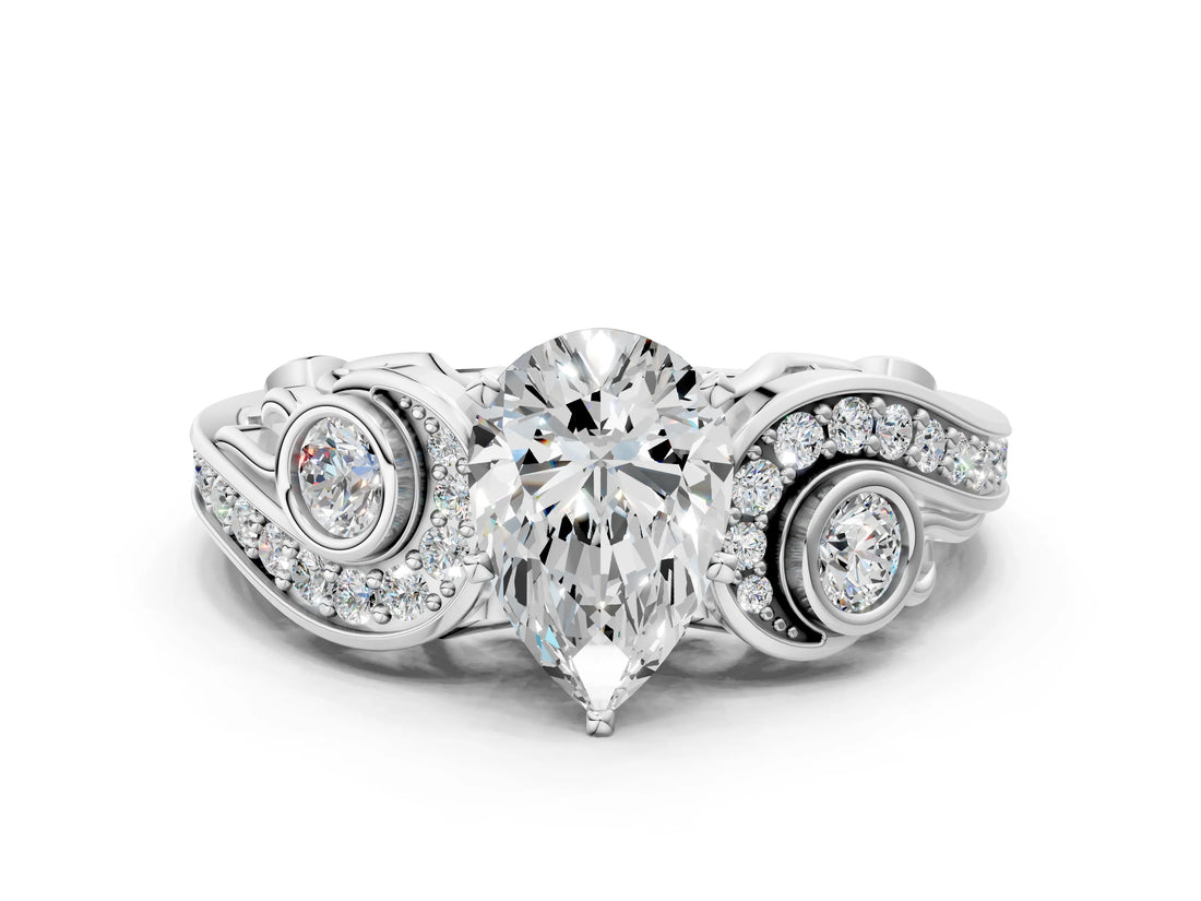 White gold Pear Cut Diamond Solitaire Ring with Milgrain Pavé Band and Four-Prong Setting_214