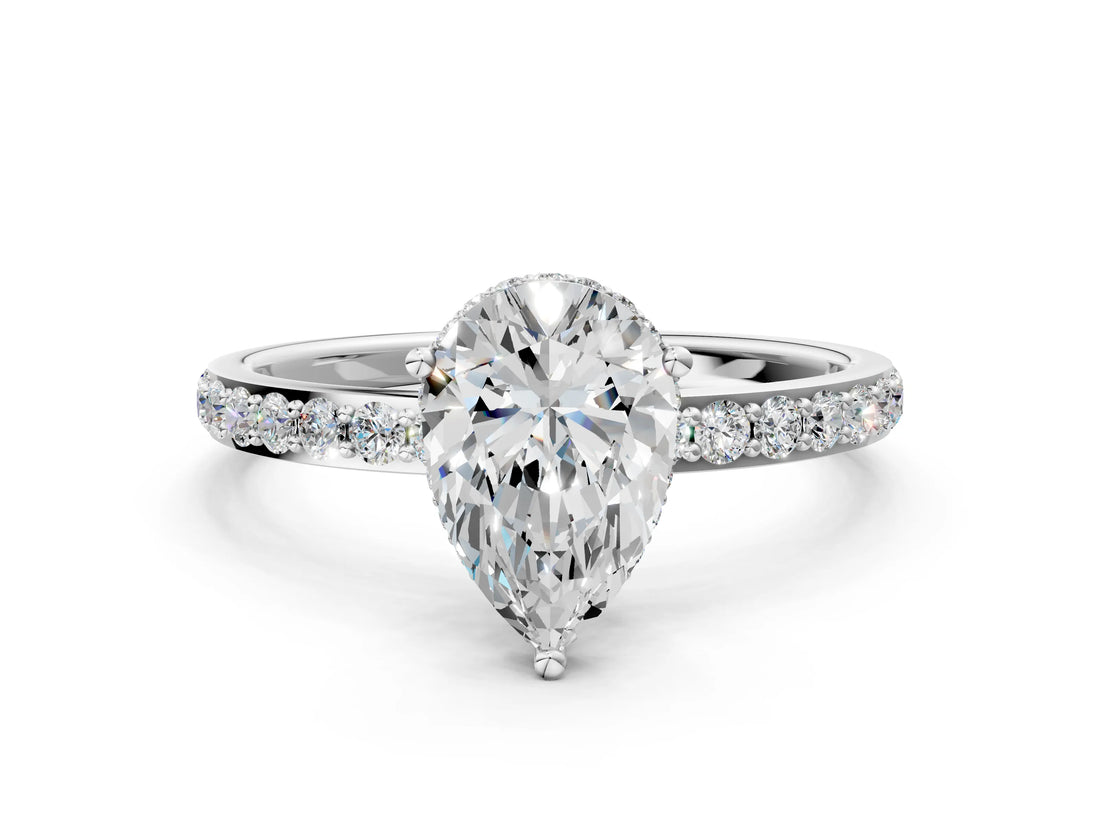 White gold Pear Cut Diamond Solitaire Ring with Pavé Band and Hidden Halo_20