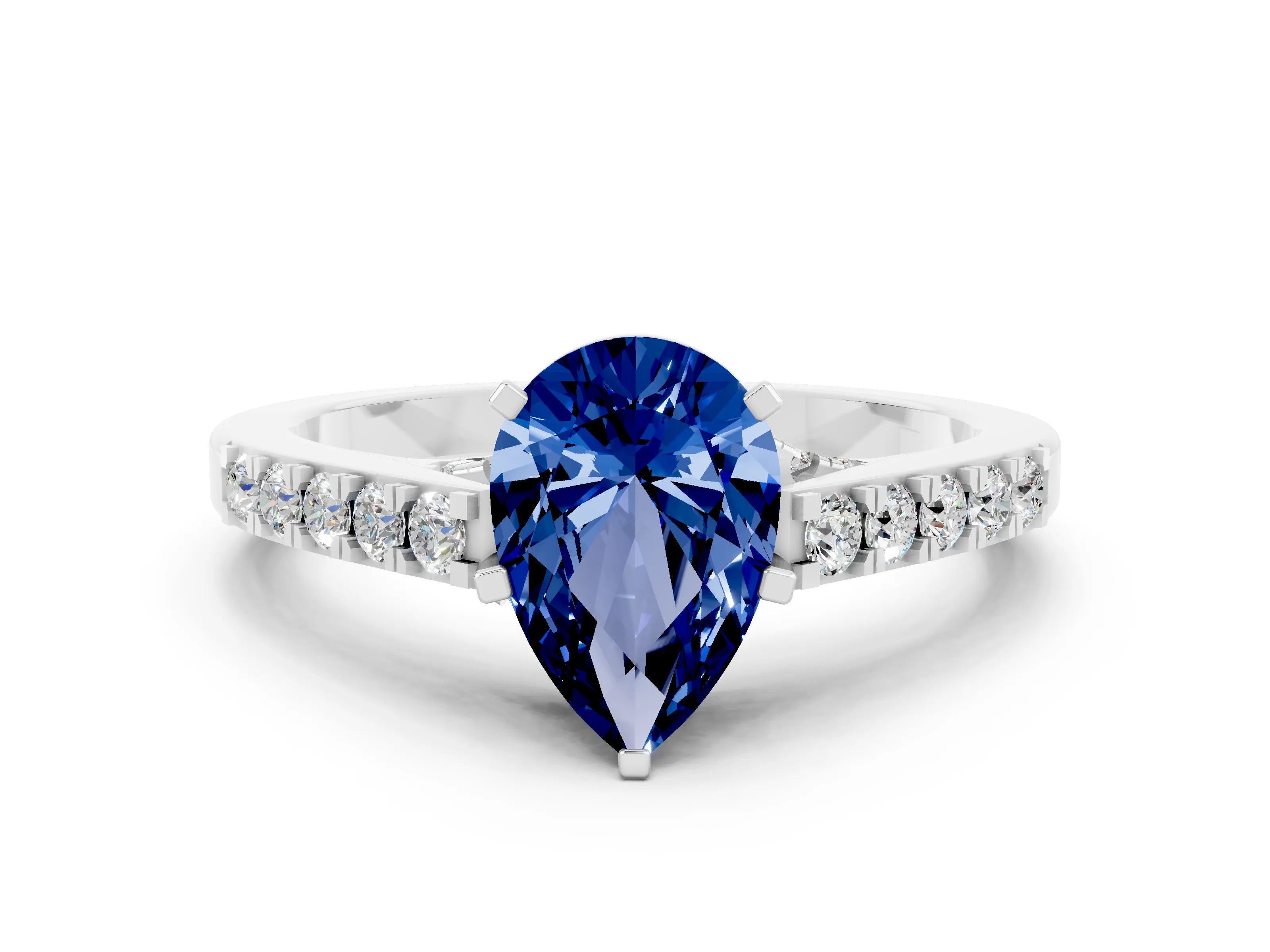 White gold Pear Cut Diamond Solitaire Ring with Pavé Band and Prong Setting