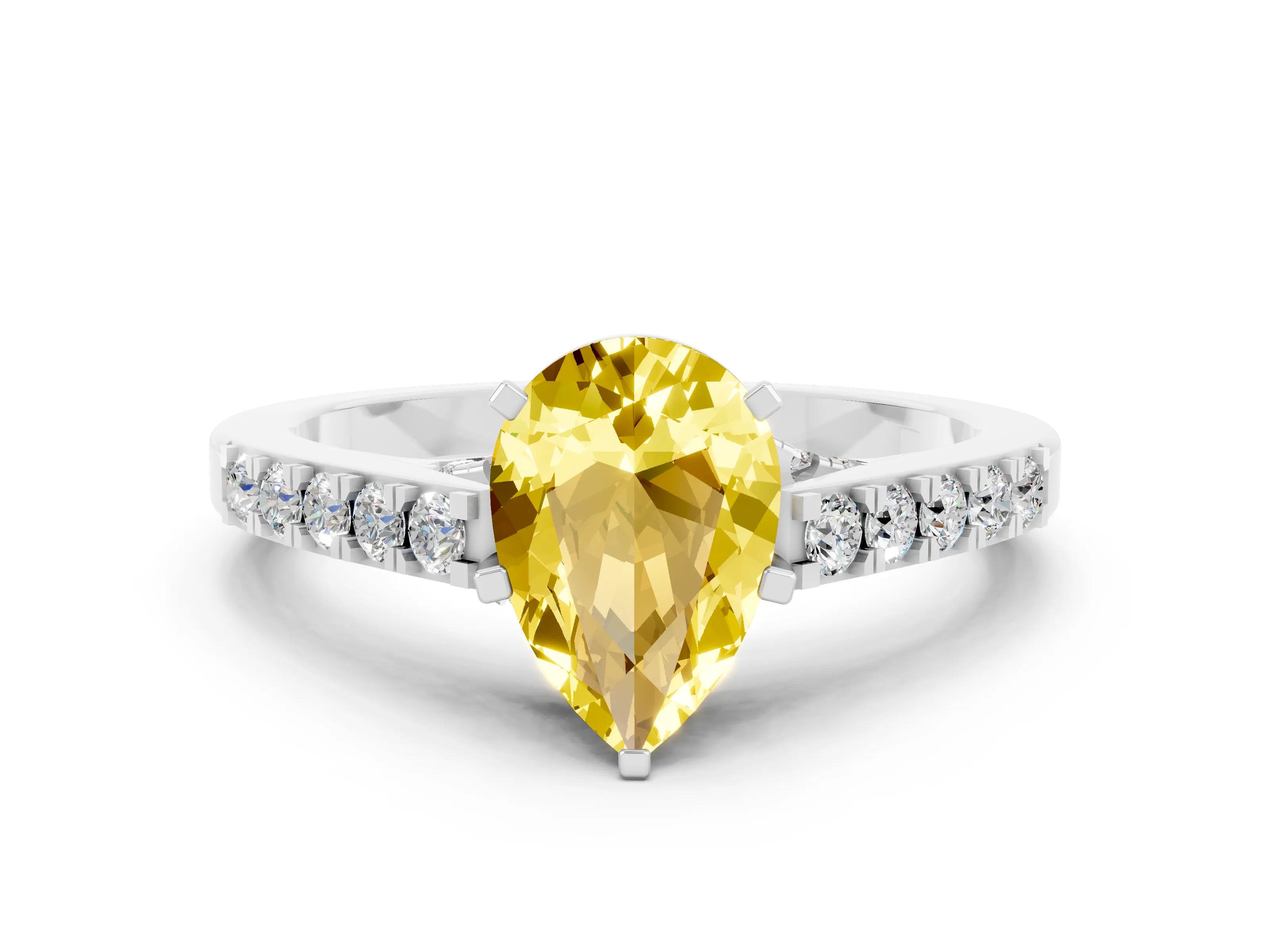 White gold Pear Cut Diamond Solitaire Ring with Pavé Band and Prong Setting