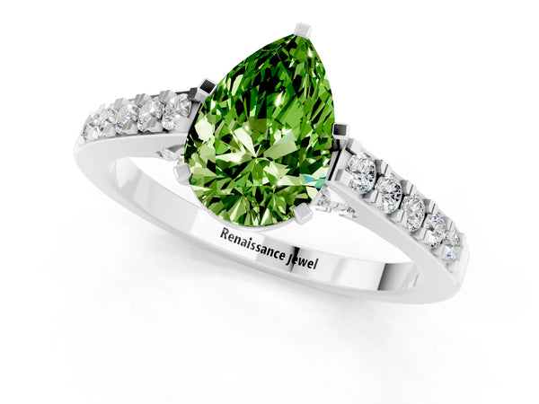 Platinum Pear Cut Peridot Solitaire Ring with Crossover Gallery and Round  Pavé Band
