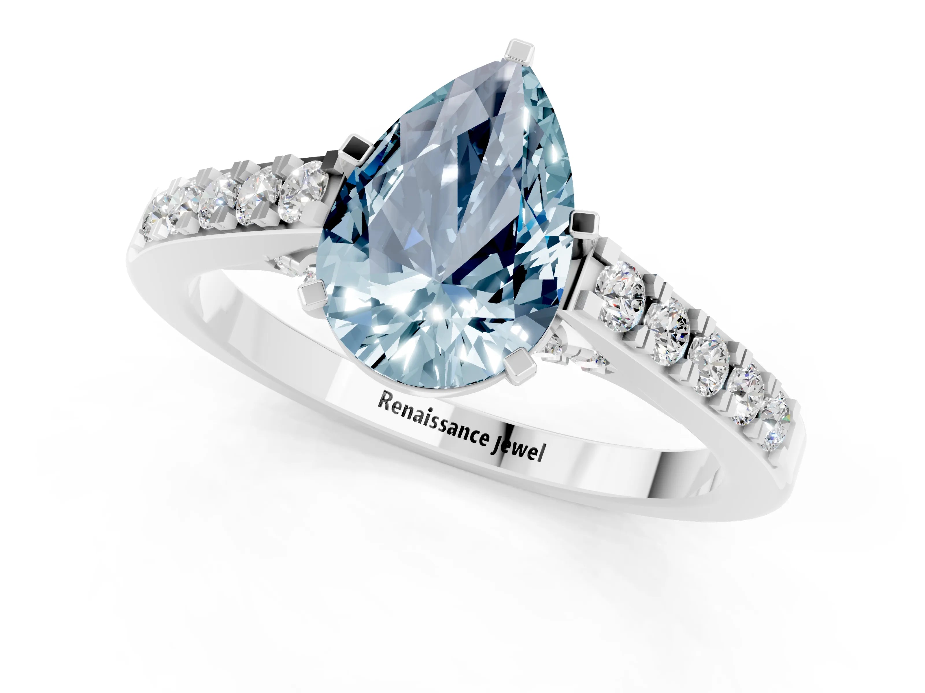 White gold Pear Cut Diamond Solitaire Ring with Pavé Band and Prong Setting_1