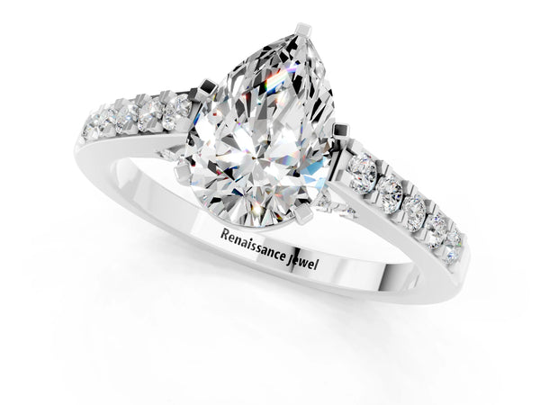White gold Pear Cut Moissanite Solitaire Ring with Crossover Gallery and Round  Pavé Band
