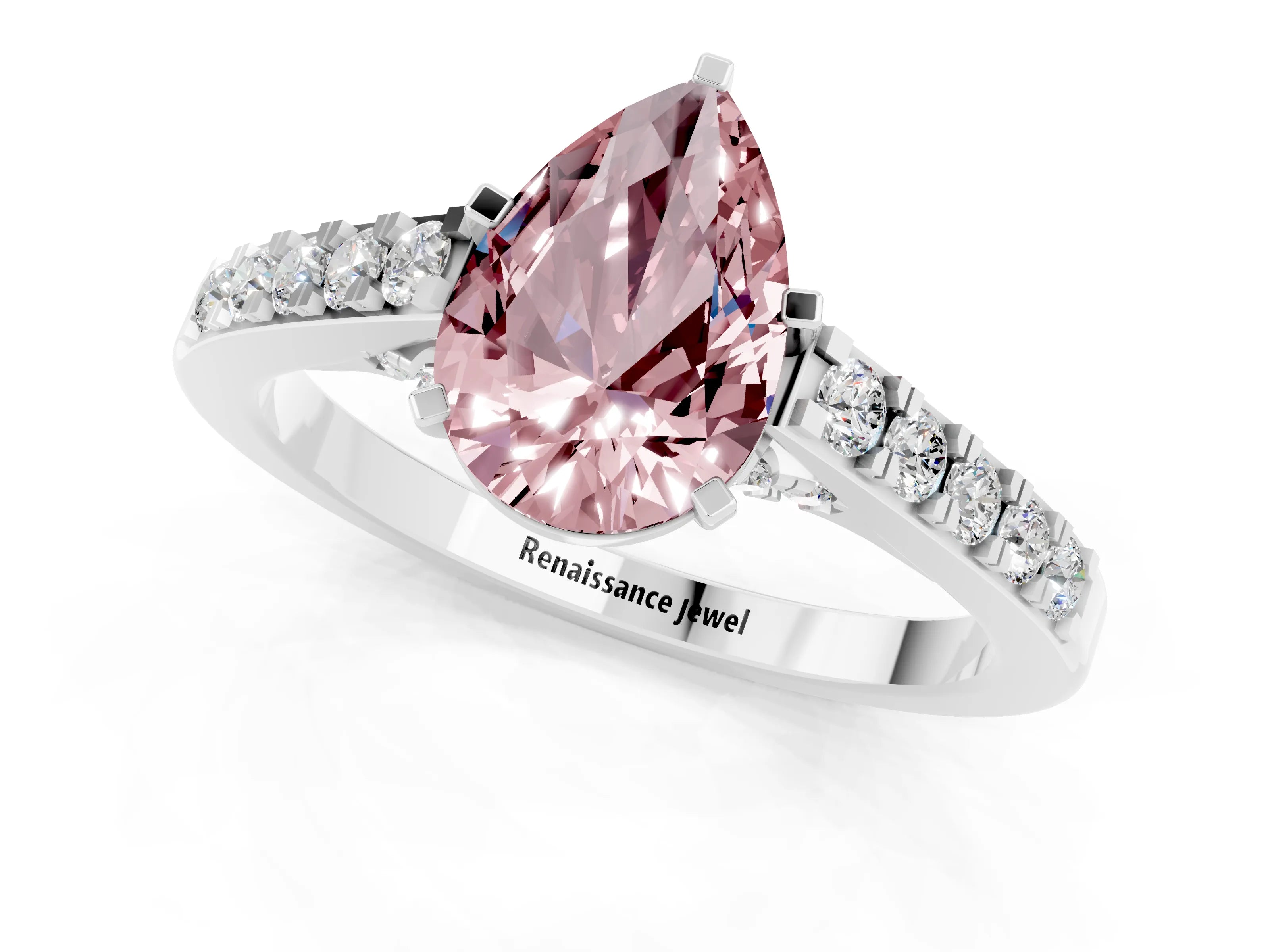 White gold Pear Cut Diamond Solitaire Ring with Pavé Band and Prong Setting_1