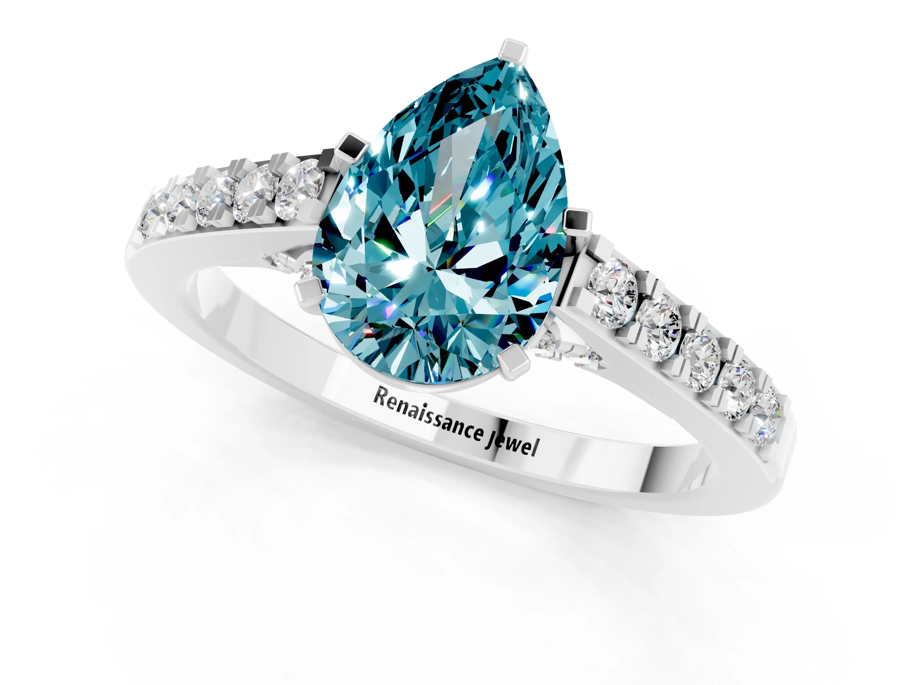 White gold Pear Cut Diamond Solitaire Ring with Pavé Band and Prong Setting_1