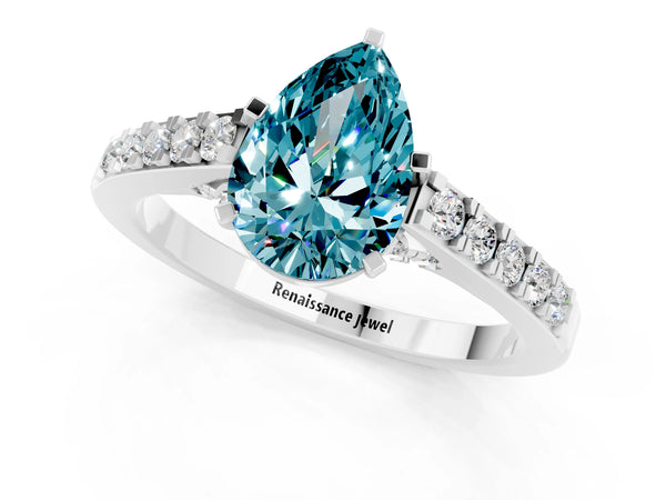 Platinum Pear Cut Blue Topaz Solitaire Ring with Crossover Gallery and Round  Pavé Band