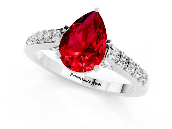 Silver Pear Cut Ruby Solitaire Ring with Crossover Gallery and Round  Pavé Band