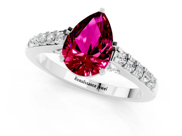 White gold Pear Cut Garnet Solitaire Ring with Crossover Gallery and Round  Pavé Band