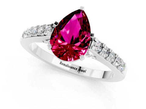 White gold Pear Cut Diamond Solitaire Ring with Pavé Band and Prong Setting_1