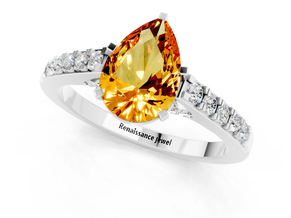 Silver Pear Cut Citrine Solitaire Ring with Crossover Gallery and Round  Pavé Band
