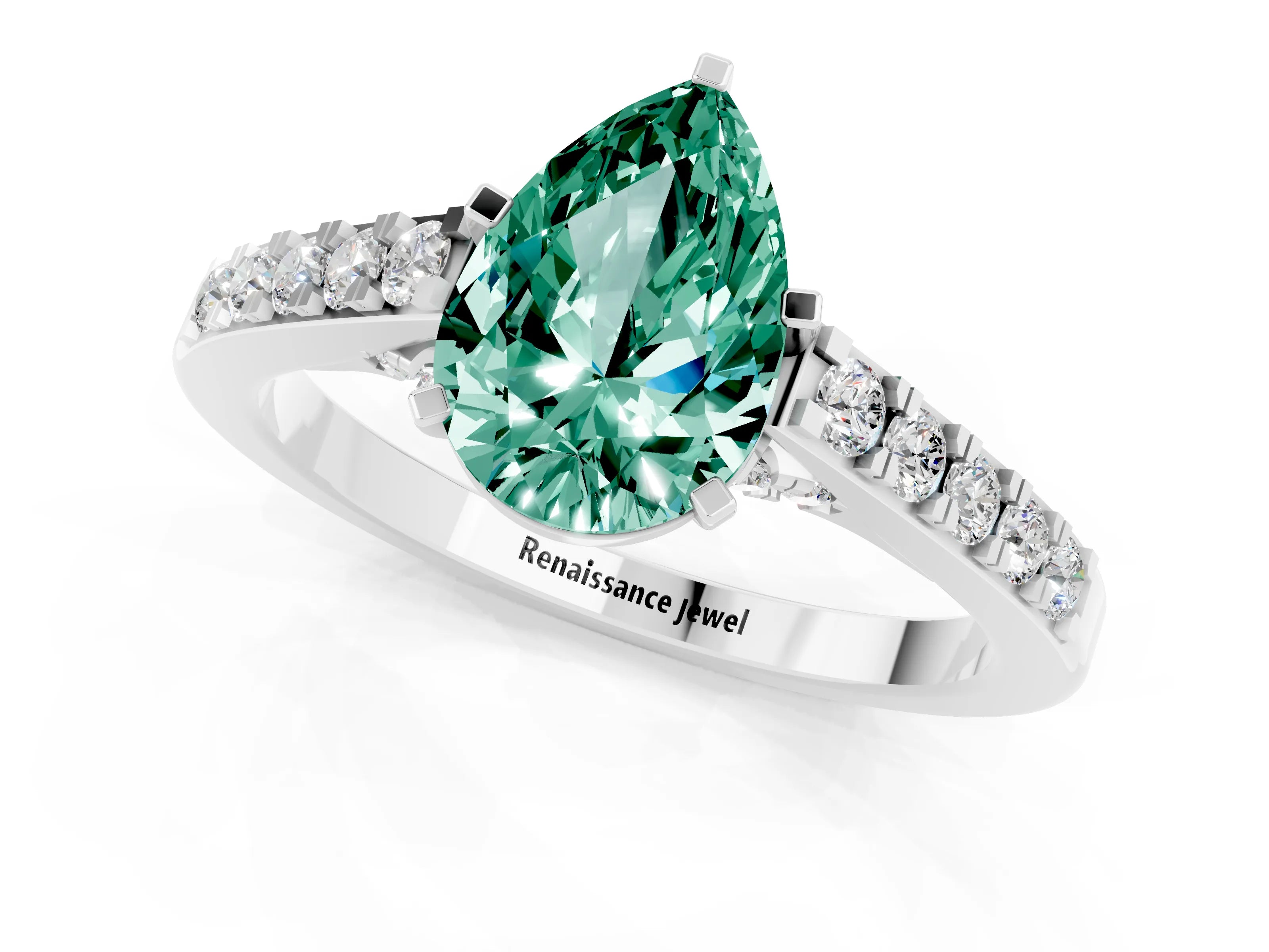 White gold Pear Cut Diamond Solitaire Ring with Pavé Band and Prong Setting_1