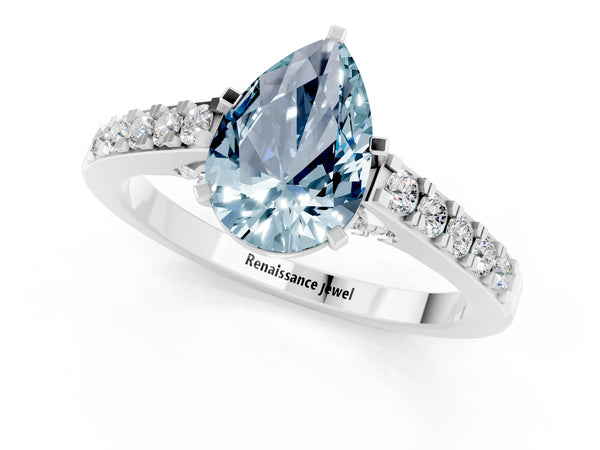 Silver Pear Cut Aquamarine Solitaire Ring with Crossover Gallery and Round  Pavé Band