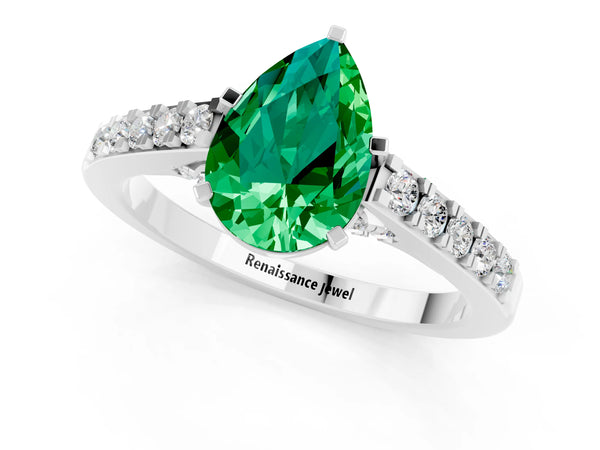 Silver Pear Cut Emerald Solitaire Ring with Crossover Gallery and Round  Pavé Band