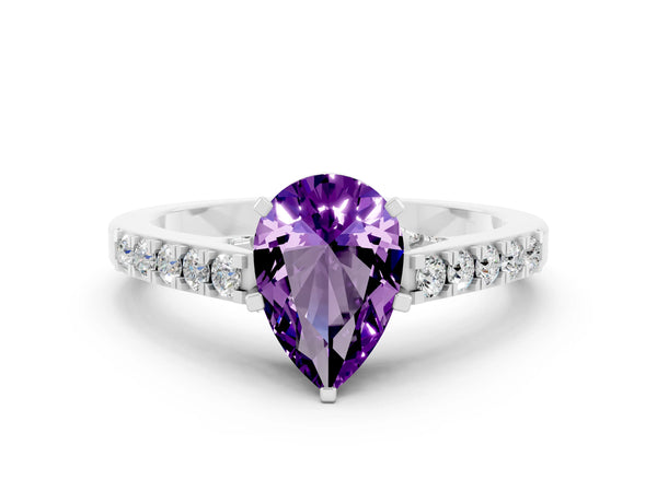 Silver Pear Cut Amethyst Solitaire Ring with Crossover Gallery and Round  Pavé Band