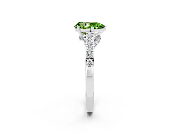 Platinum Pear Cut Peridot Solitaire Ring with Crossover Gallery and Round  Pavé Band