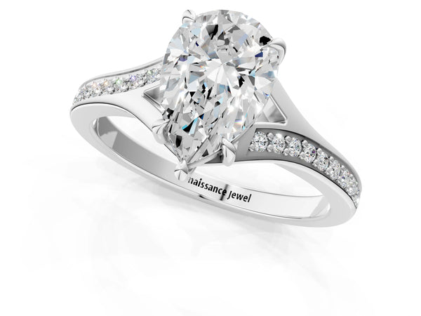 White Gold Pear-Shaped Pave Solitaire Engagement Ring Setting with Sweeping Shoulders