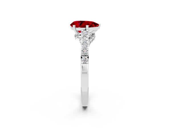 Silver Pear Cut Ruby Solitaire Ring with Crossover Gallery and Round  Pavé Band