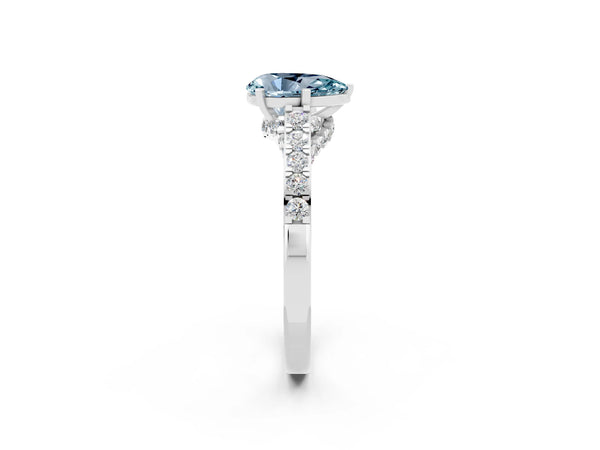 Platinum Pear Cut Aquamarine Solitaire Ring with Crossover Gallery and Round  Pavé Band