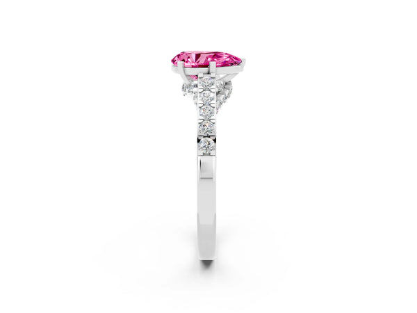 White gold Pear Cut Pink Sapphire Solitaire Ring with Crossover Gallery and Round  Pavé Band