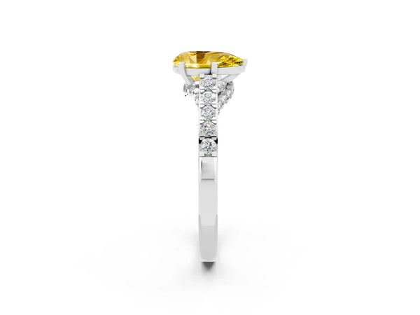 Silver Pear Cut Yellow Sapphire Solitaire Ring with Crossover Gallery and Round  Pavé Band