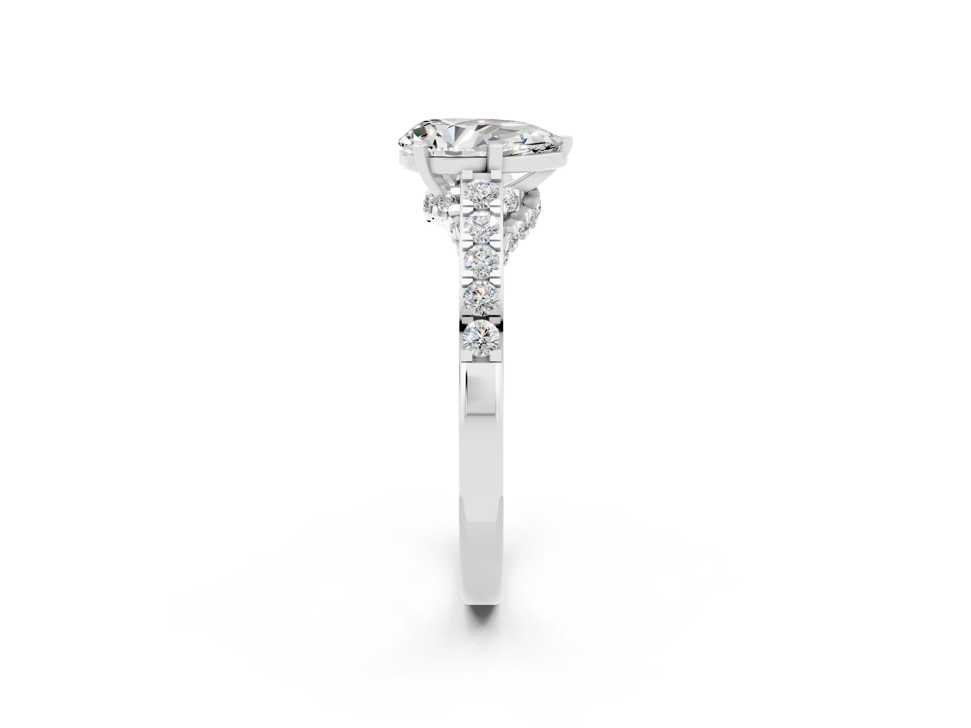 White gold Pear Cut Diamond Solitaire Ring with Pavé Band and Prong Setting_2