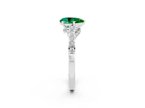 Silver Pear Cut Emerald Solitaire Ring with Crossover Gallery and Round  Pavé Band