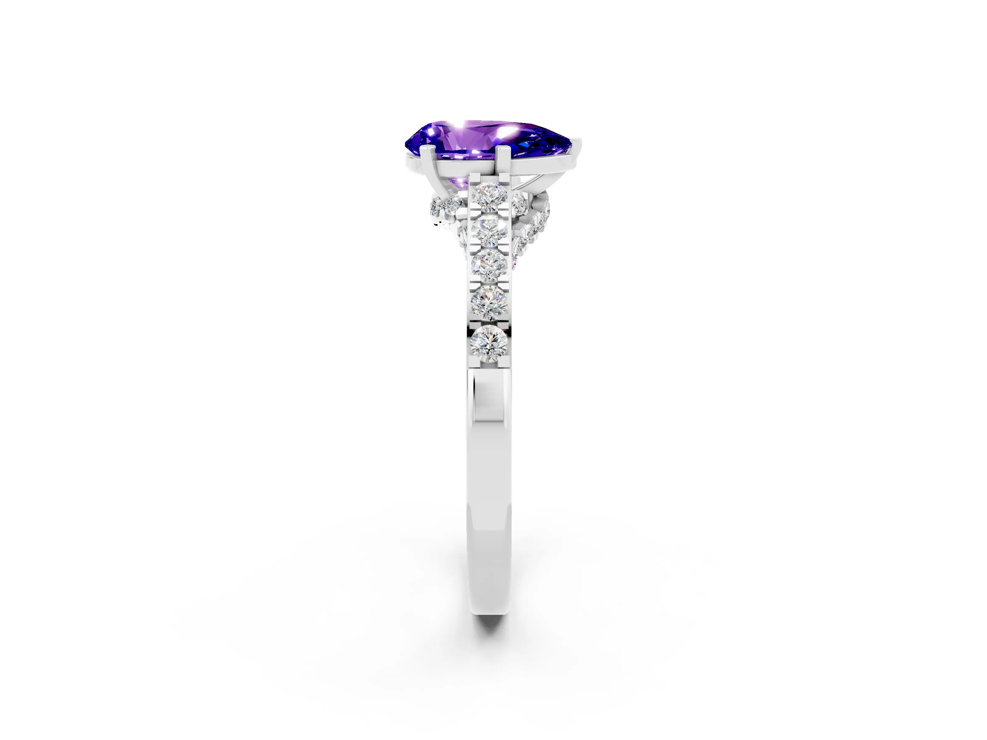White gold Pear Cut Diamond Solitaire Ring with Pavé Band and Prong Setting_2