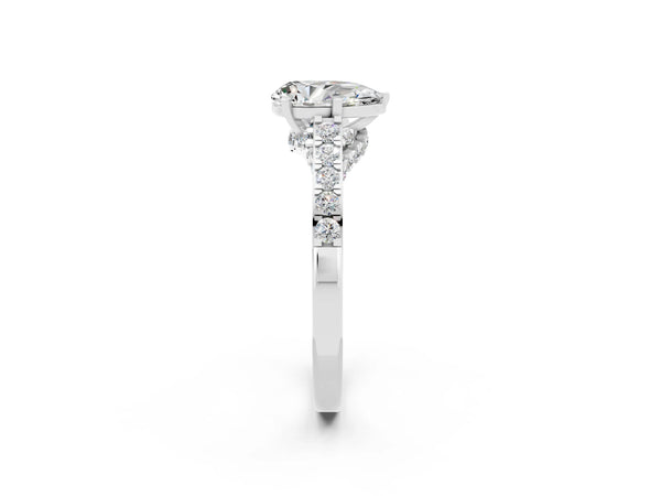 Silver Pear Cut Moissanite Solitaire Ring with Crossover Gallery and Round  Pavé Band