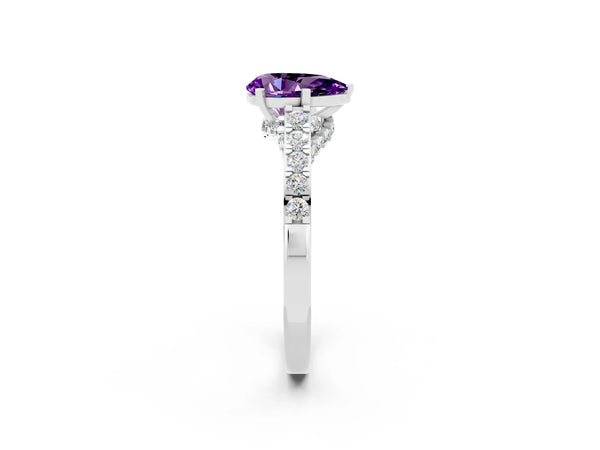 Platinum Pear Cut Amethyst Solitaire Ring with Crossover Gallery and Round  Pavé Band