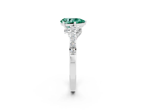 White gold Pear Cut Green Sapphire Solitaire Ring with Crossover Gallery and Round  Pavé Band