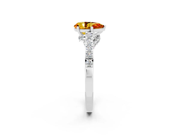 Platinum Pear Cut Citrine Solitaire Ring with Crossover Gallery and Round  Pavé Band