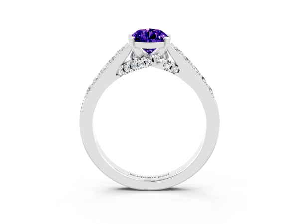 Silver Pear Cut Tanzanite Solitaire Ring with Crossover Gallery and Round  Pavé Band