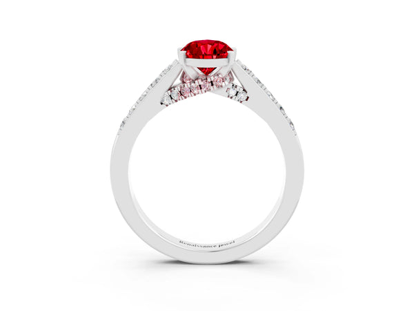 Platinum Pear Cut Ruby Solitaire Ring with Crossover Gallery and Round  Pavé Band