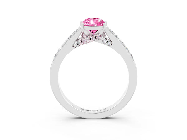 White gold Pear Cut Pink Sapphire Solitaire Ring with Crossover Gallery and Round  Pavé Band