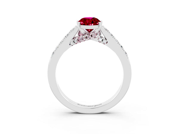 Platinum Pear Cut Garnet Solitaire Ring with Crossover Gallery and Round  Pavé Band