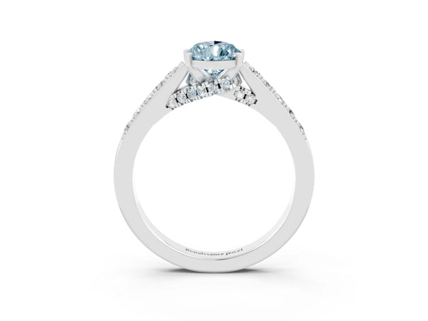 Silver Pear Cut Aquamarine Solitaire Ring with Crossover Gallery and Round  Pavé Band