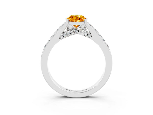 Platinum Pear Cut Citrine Solitaire Ring with Crossover Gallery and Round  Pavé Band