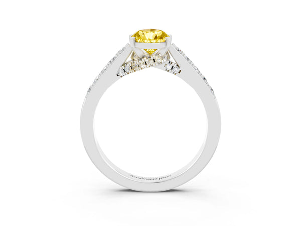Silver Pear Cut Yellow Sapphire Solitaire Ring with Crossover Gallery and Round  Pavé Band
