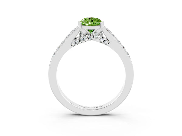 White gold Pear Cut Peridot Solitaire Ring with Crossover Gallery and Round  Pavé Band