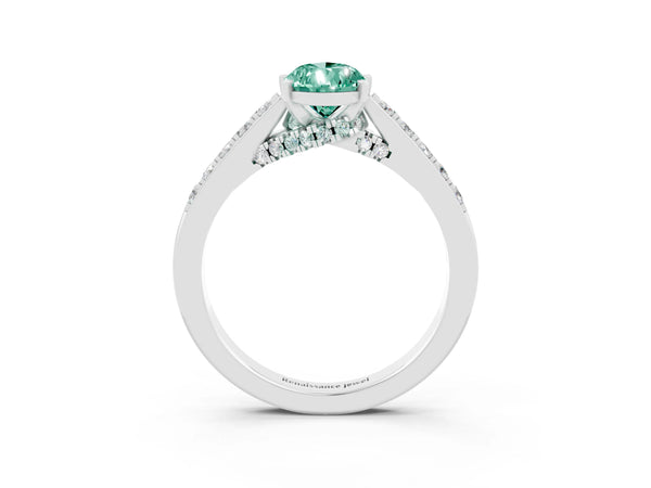 White gold Pear Cut Green Sapphire Solitaire Ring with Crossover Gallery and Round  Pavé Band