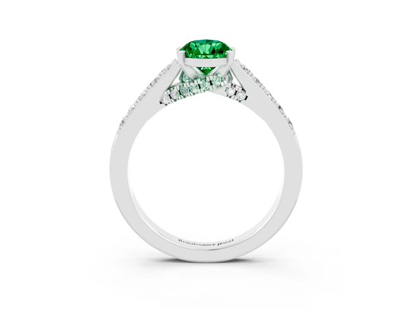 Silver Pear Cut Emerald Solitaire Ring with Crossover Gallery and Round  Pavé Band