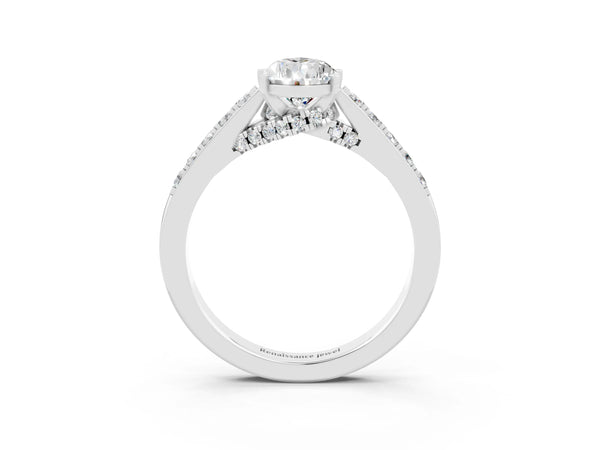 Platinum Pear Cut Moissanite Solitaire Ring with Crossover Gallery and Round  Pavé Band