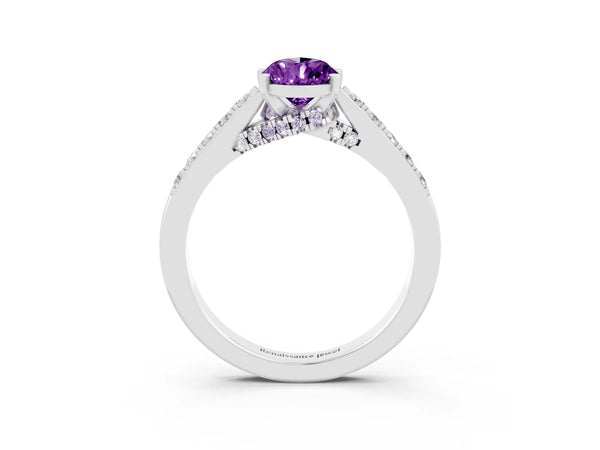 Platinum Pear Cut Amethyst Solitaire Ring with Crossover Gallery and Round  Pavé Band
