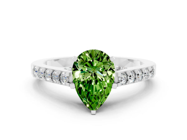 Platinum Pear Cut Peridot Solitaire Ring with Crossover Gallery and Round  Pavé Band